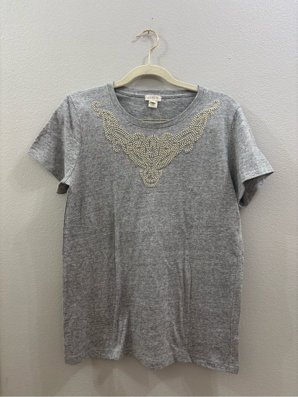 J. Crew Gray Short Sleeve Tee with Pearl Bead Yoke